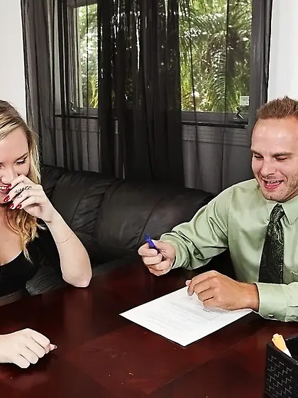 Blondie with tan lines enjoys some serious fucking on a couch