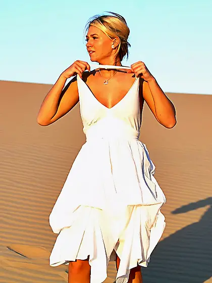 Alison Angel loves sand so much that she goes to a desert to mas